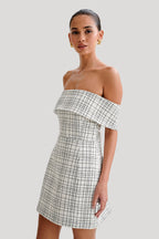 Helena Tweed Off Shoulder Mini Dress in White Check – Chic&Drifts