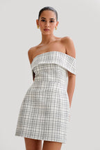 Helena Tweed Off Shoulder Mini Dress in White Check – Chic&Drifts