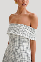 Helena Tweed Off Shoulder Mini Dress in White Check – Chic&Drifts