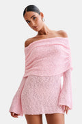 Marisol Off Shoulder Boucle Mini Dress in Baby Pink – Chic&Drifts