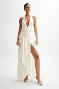 Graziana Satin Chiffon Plunge Maxi Dress in Ivory – Chic&Drifts