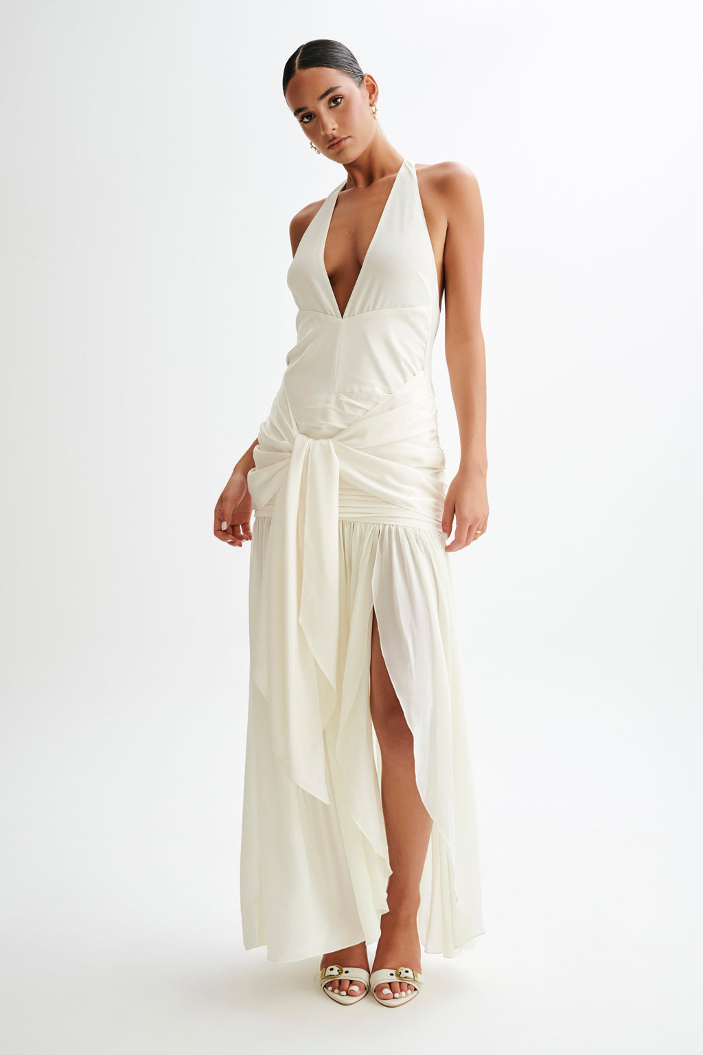 Graziana Satin Chiffon Plunge Maxi Dress in Ivory – Chic&Drifts