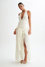 Graziana Satin Chiffon Plunge Maxi Dress in Ivory – Chic&Drifts