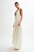 Graziana Satin Chiffon Plunge Maxi Dress in Ivory – Chic&Drifts