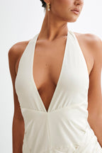 Graziana Satin Chiffon Plunge Maxi Dress in Ivory – Chic&Drifts