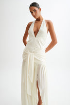 Graziana Satin Chiffon Plunge Maxi Dress in Ivory – Chic&Drifts