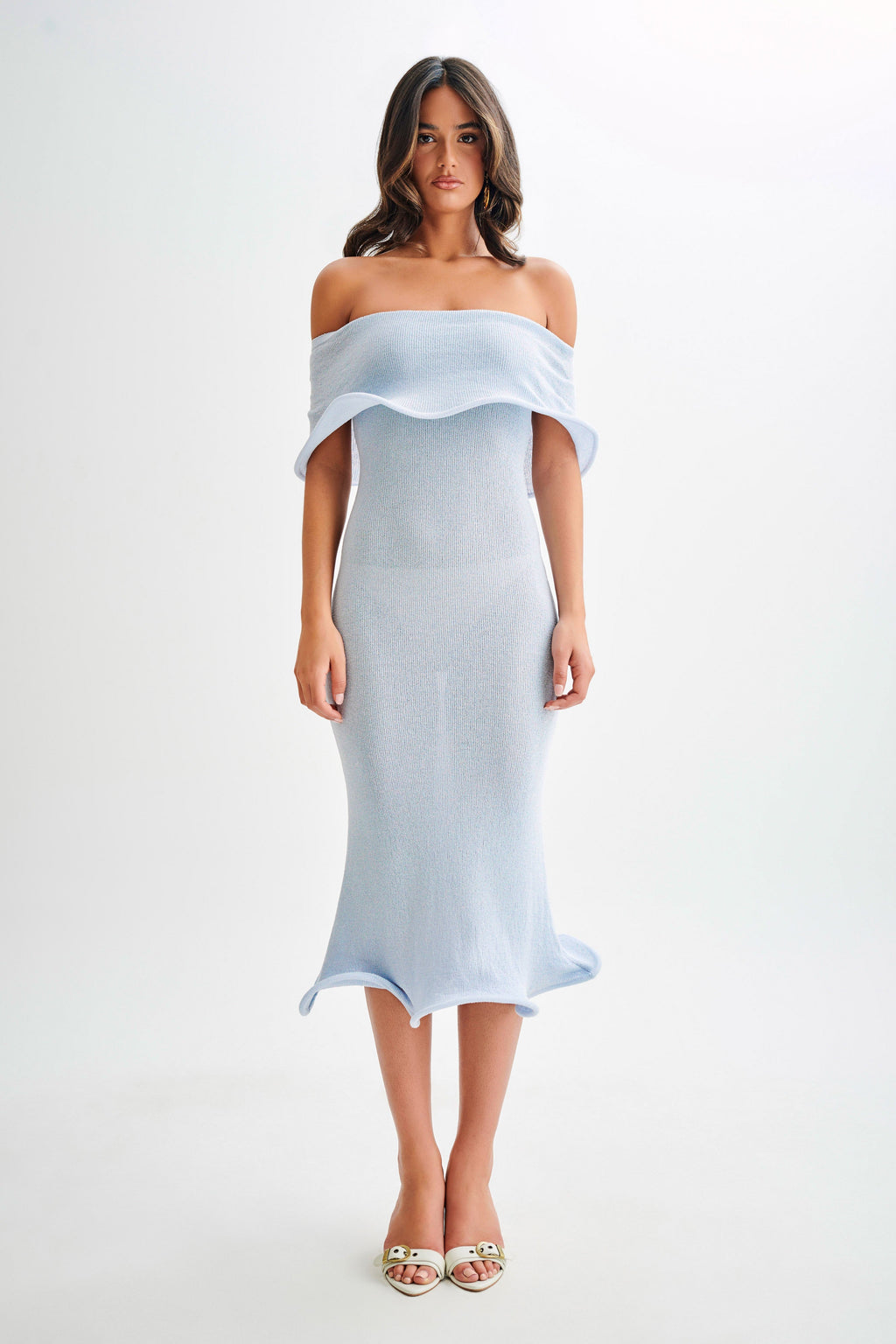 Molly Off Shoulder Knit Midi Dress in Sky Blue – Chic&Drifts