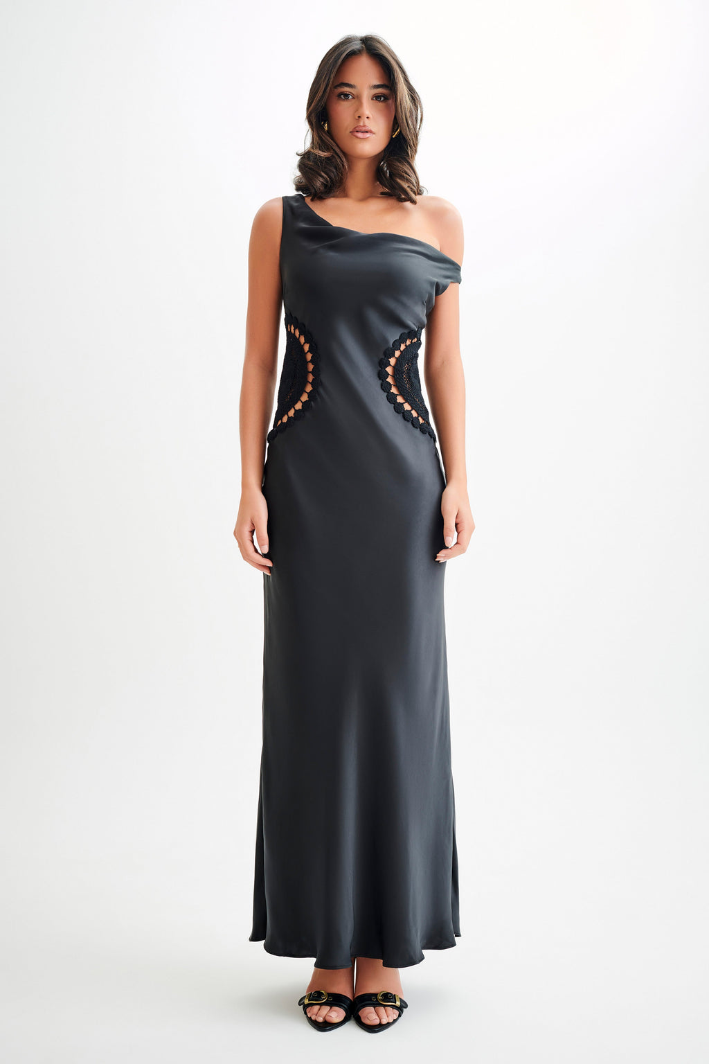 Kristina Satin Maxi Dress With Crochet in Black – Chic&Drifts