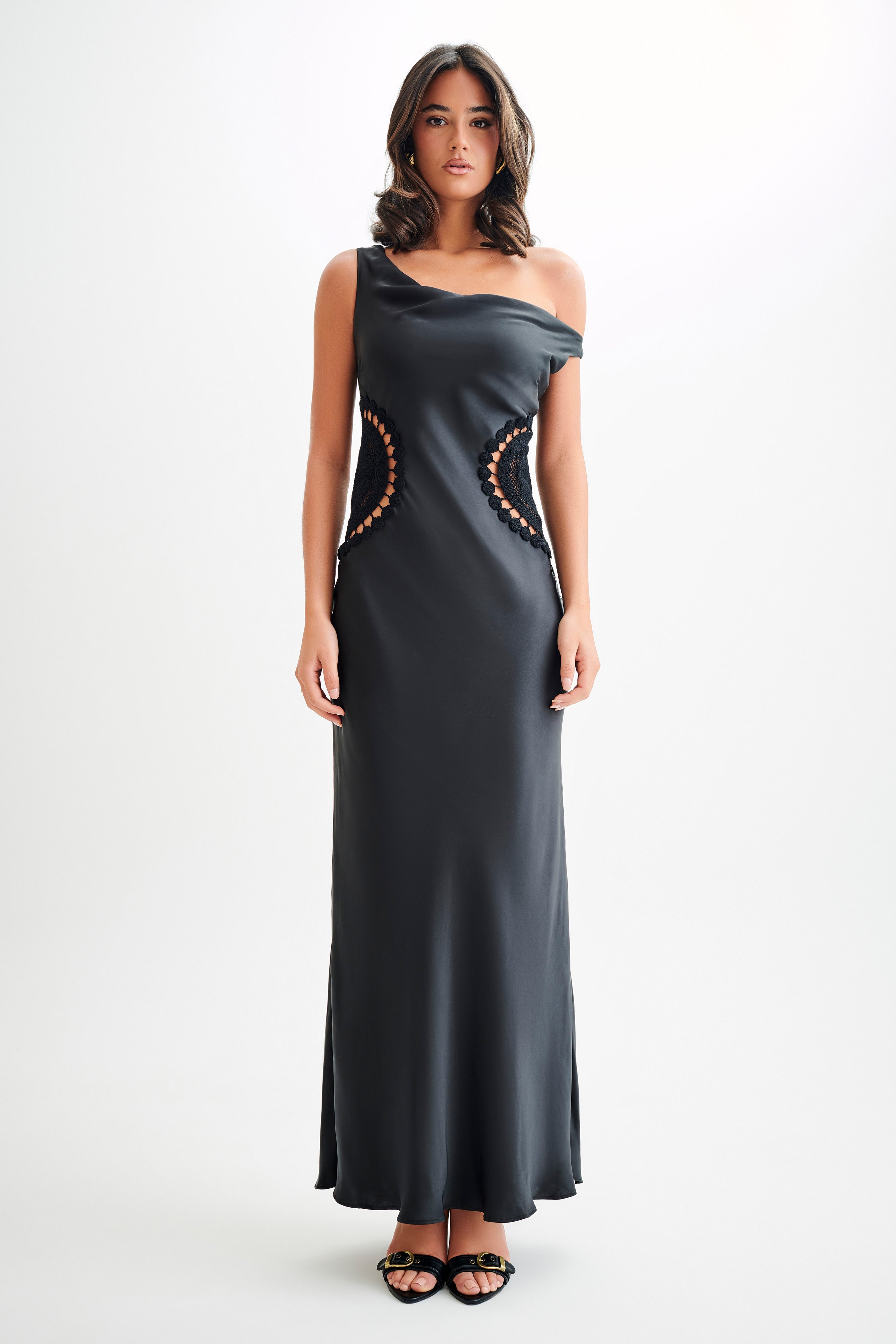 Kristina Satin Maxi Dress With Crochet in Black – Chic&Drifts