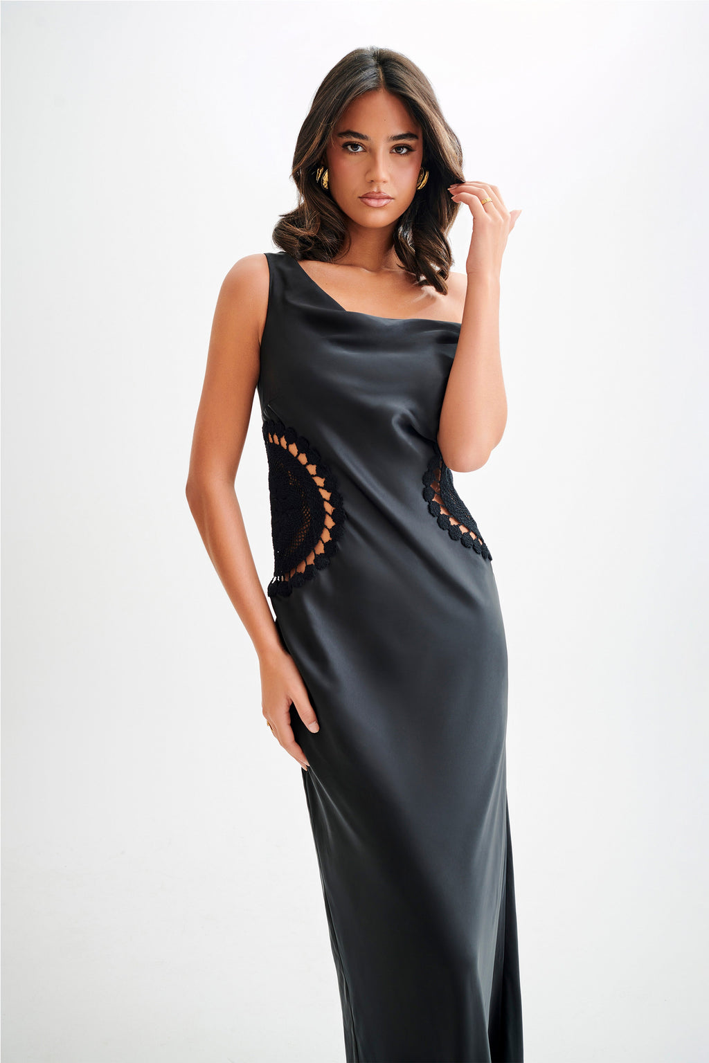 Kristina Satin Maxi Dress With Crochet in Black – Chic&Drifts