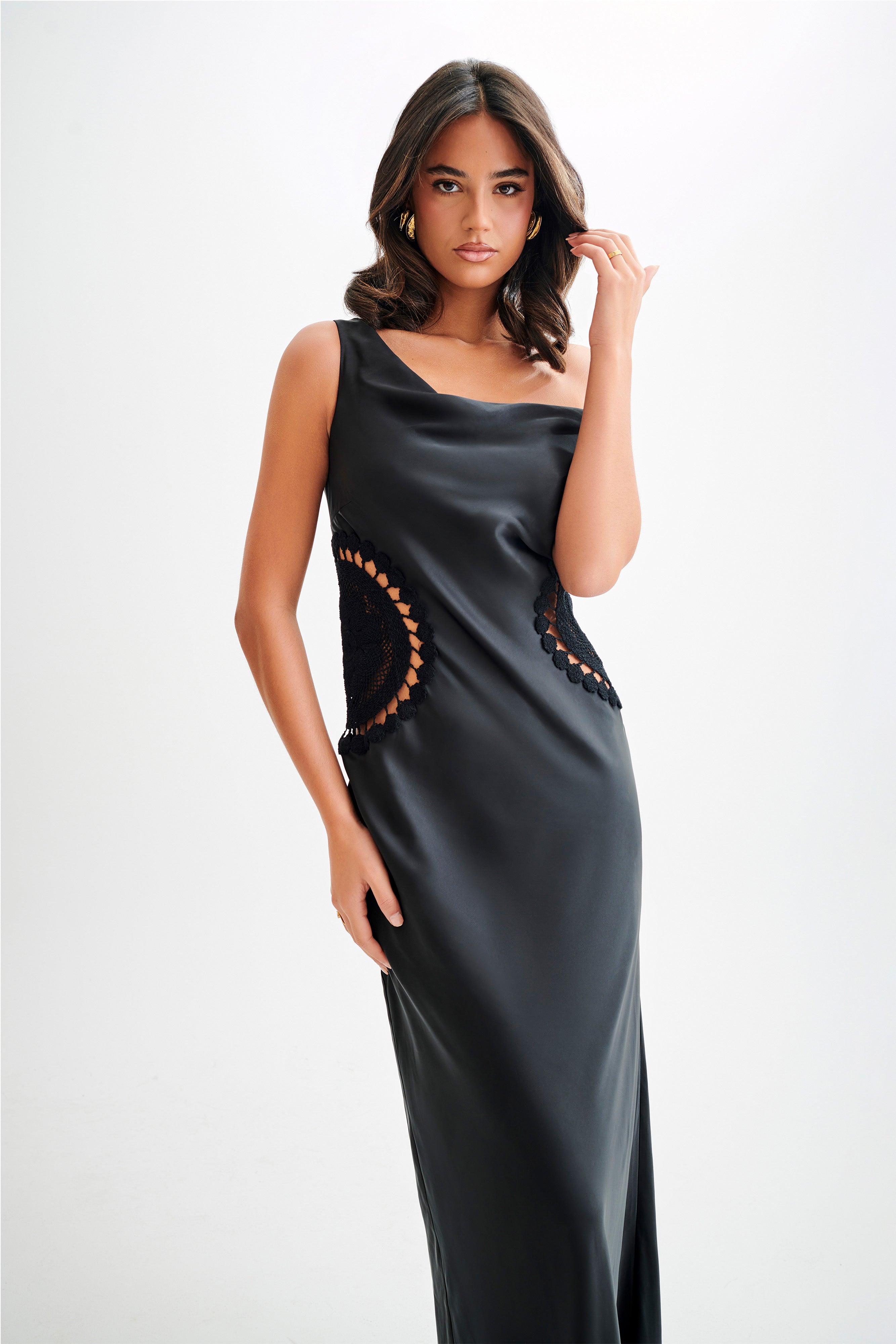 Kristina Satin Maxi Dress With Crochet in Black – Chic&Drifts
