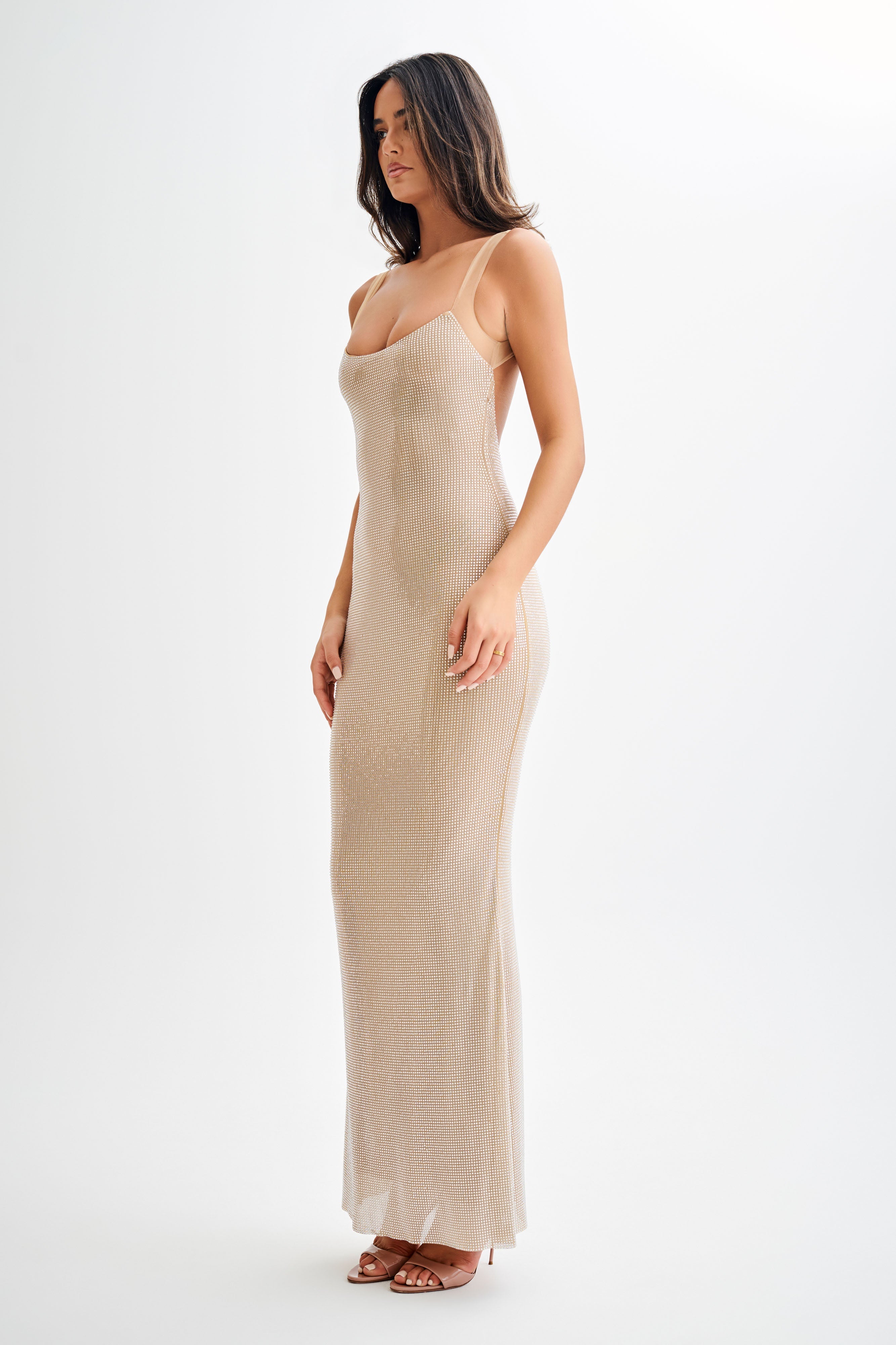 Jasmyn Hot Fix Maxi Dress With Mesh Back in Nude – Chic&Drifts