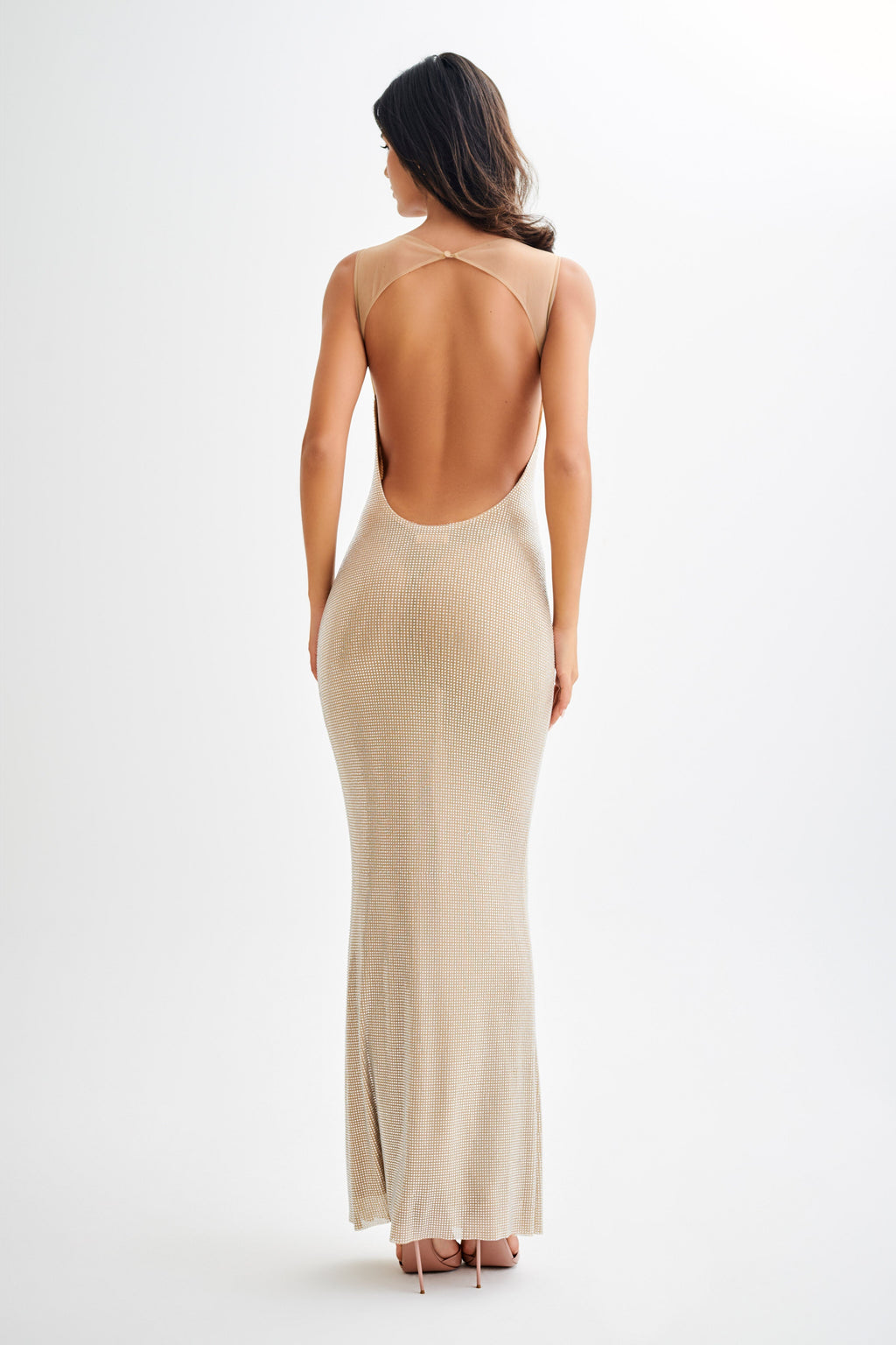 Jasmyn Hot Fix Maxi Dress With Mesh Back in Nude – Chic&Drifts