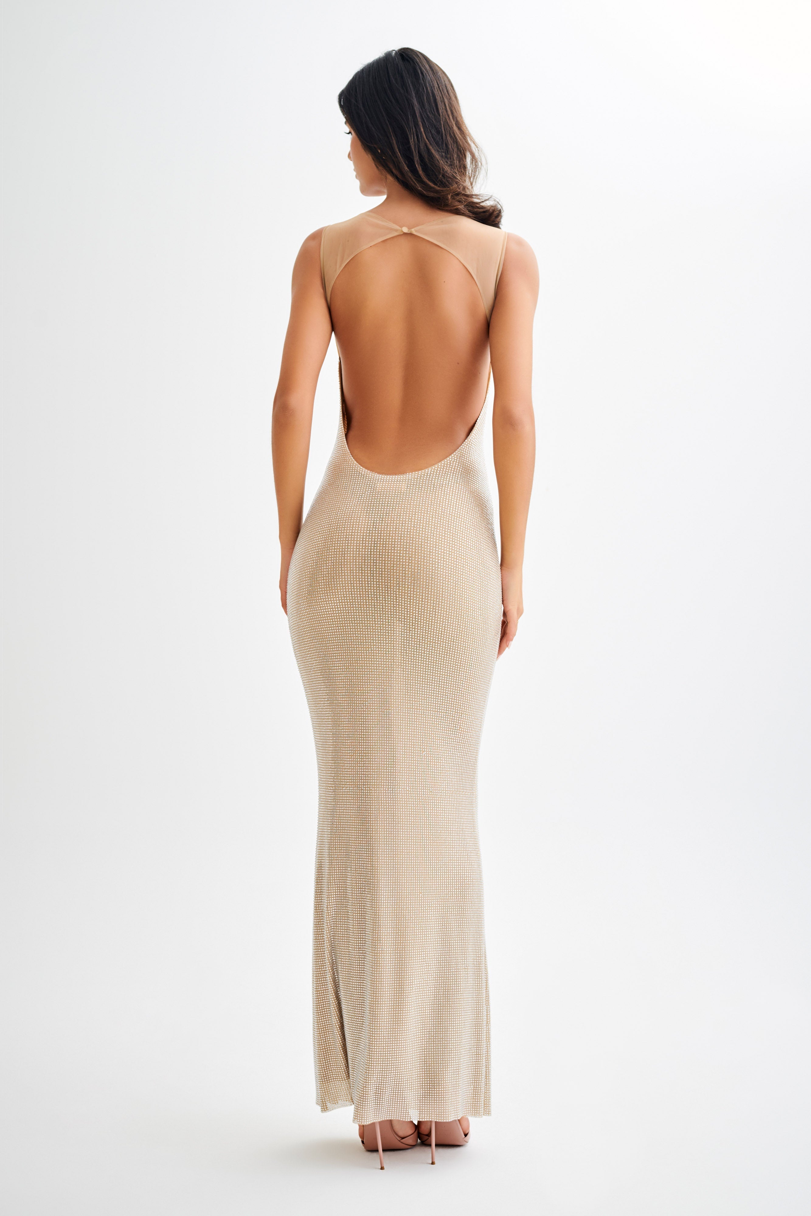 Jasmyn Hot Fix Maxi Dress With Mesh Back in Nude – Chic&Drifts