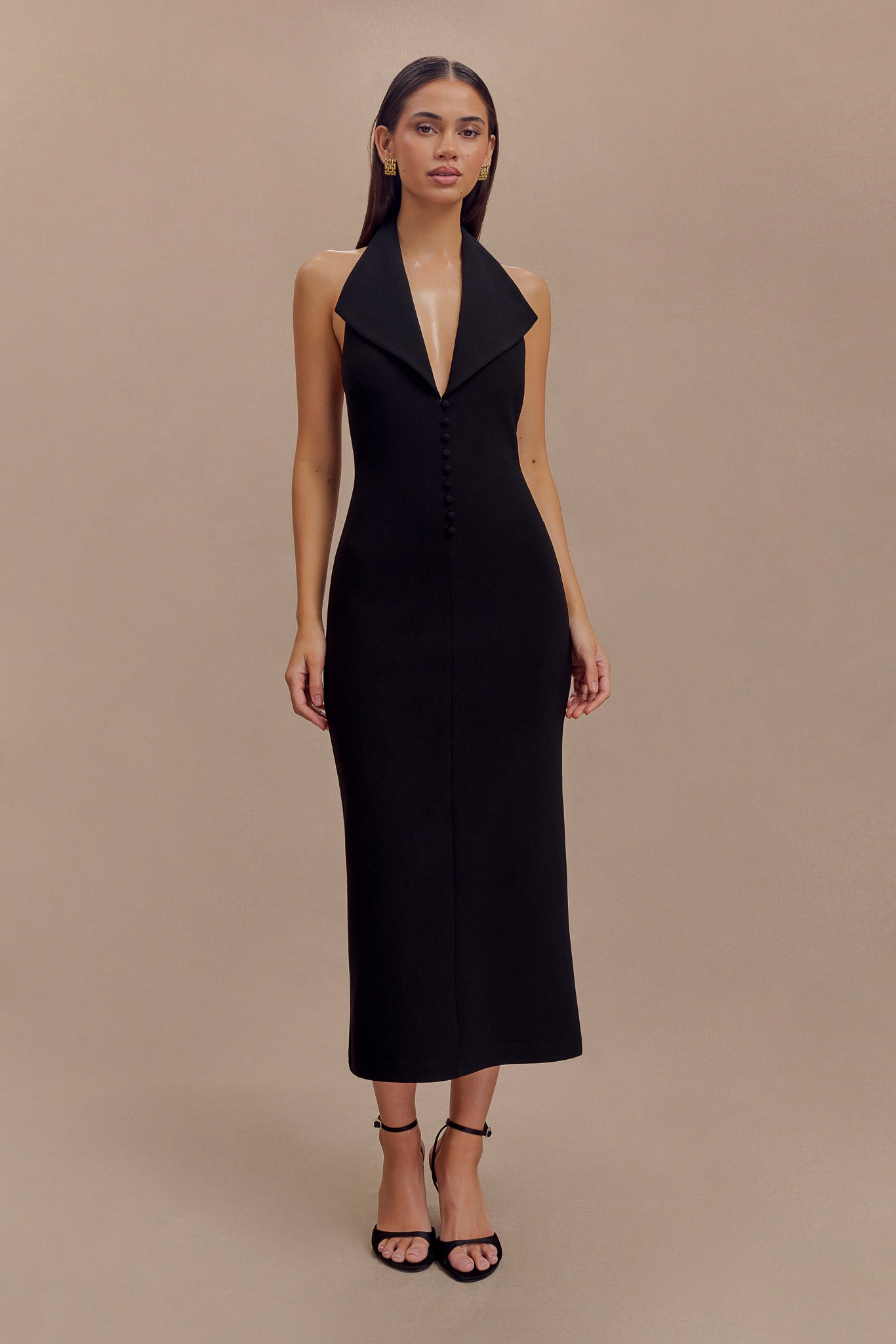 Annita Crepe Halter Midi Dress in Black – Chic&Drifts