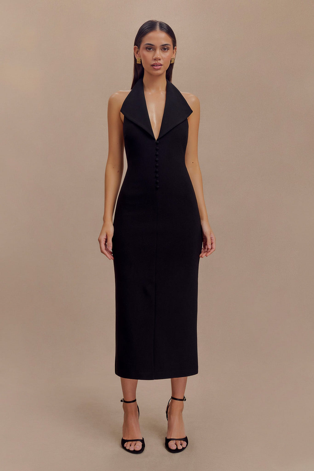 Annita Crepe Halter Midi Dress in Black – Chic&Drifts