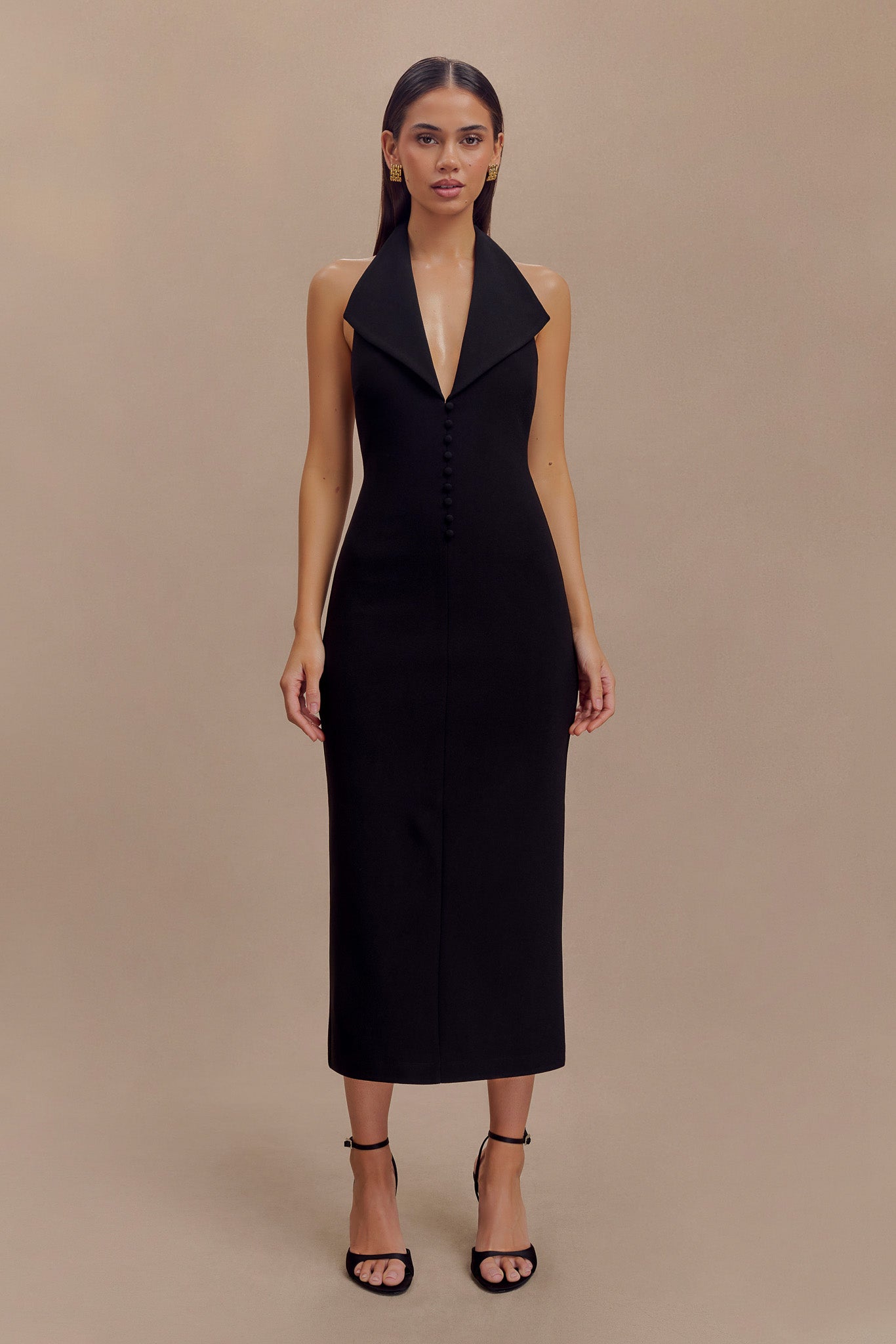 Annita Crepe Halter Midi Dress in Black – Chic&Drifts