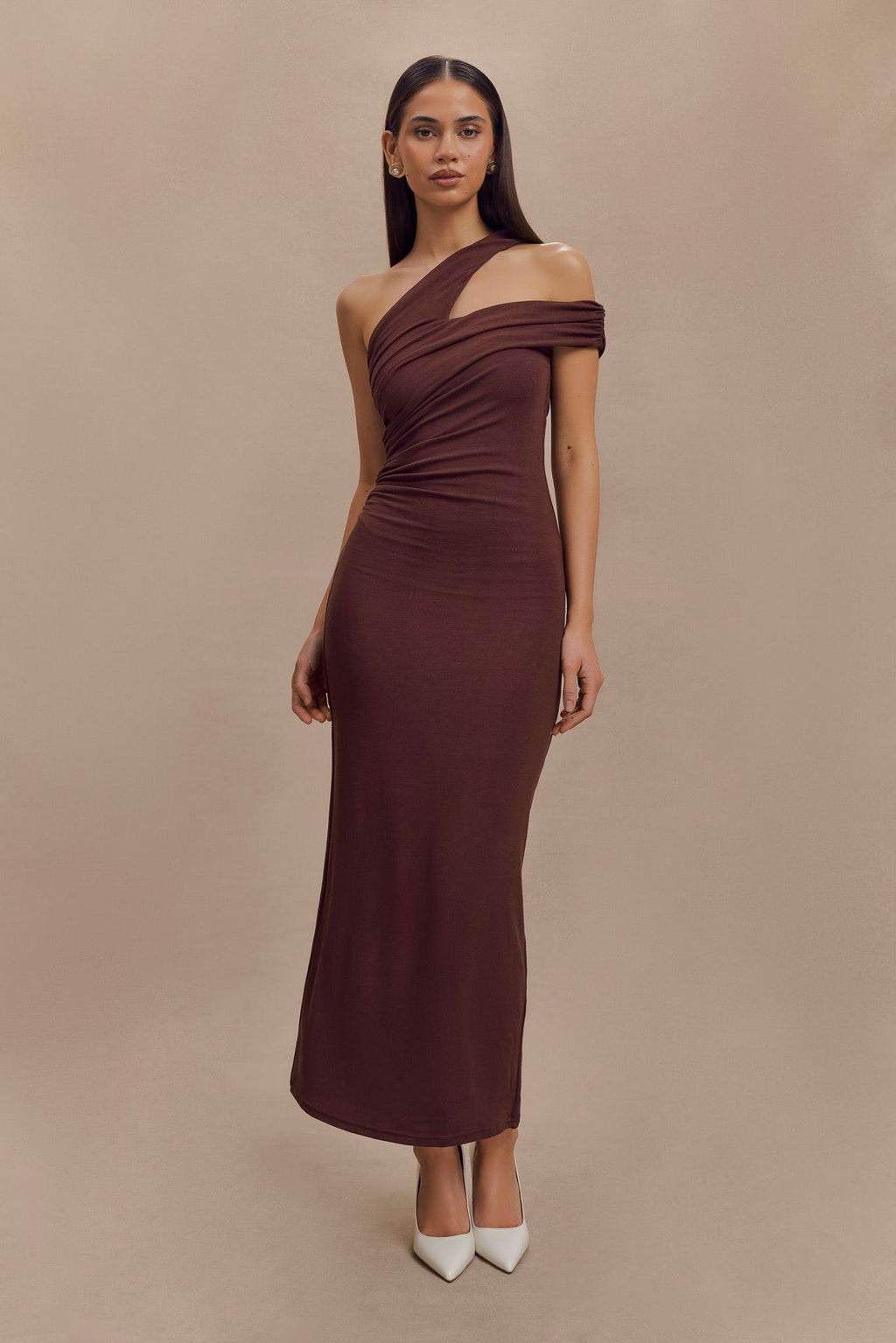 Anastasia One Shoulder Modal Midi Dress in Mahogany – Chic&Drifts