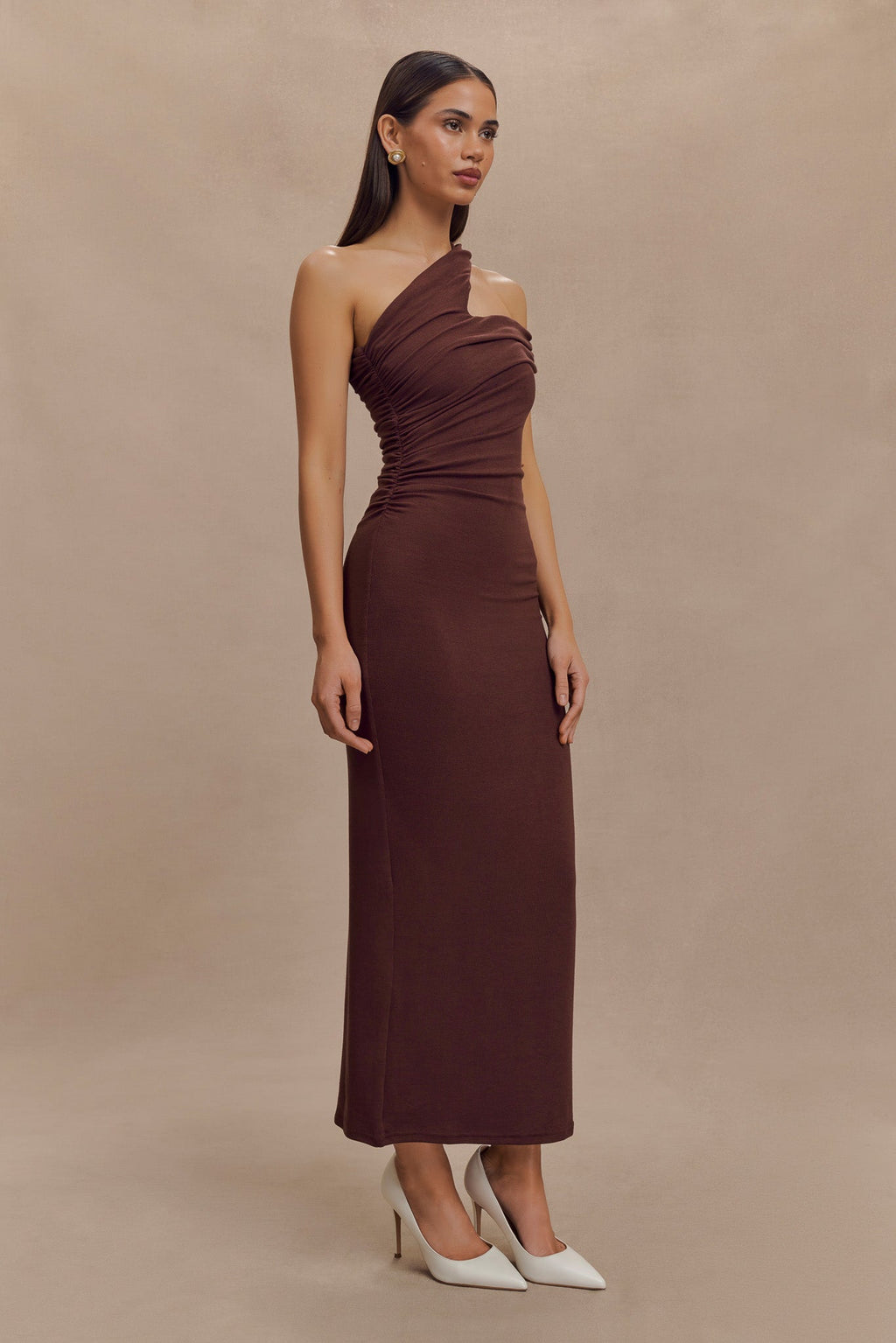 Anastasia One Shoulder Modal Midi Dress in Mahogany – Chic&Drifts