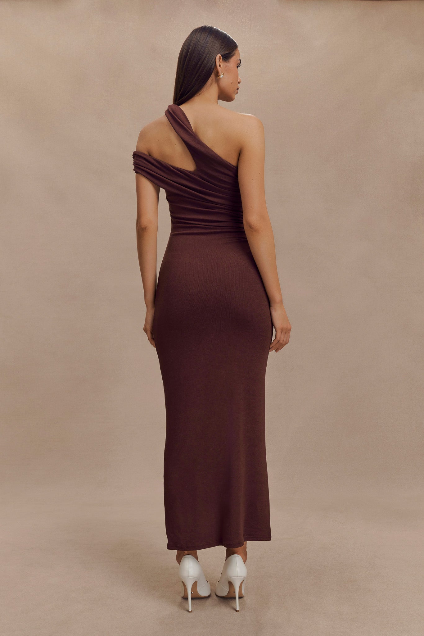 Anastasia One Shoulder Modal Midi Dress in Mahogany – Chic&Drifts