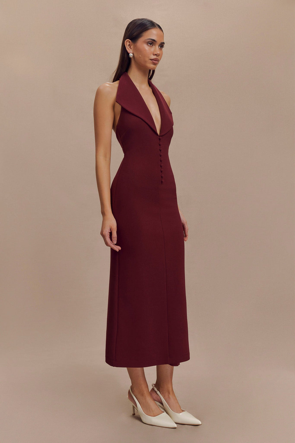 Annita Crepe Halter Midi Dress in Merlot – Chic&Drifts