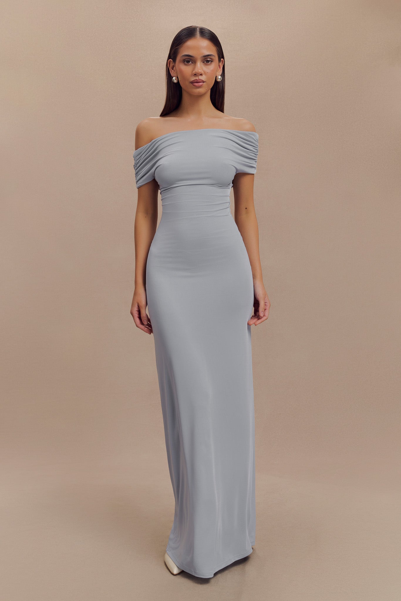 Imogen Off Shoulder Slinky Maxi Dress in Dusty Blue – Chic&Drifts