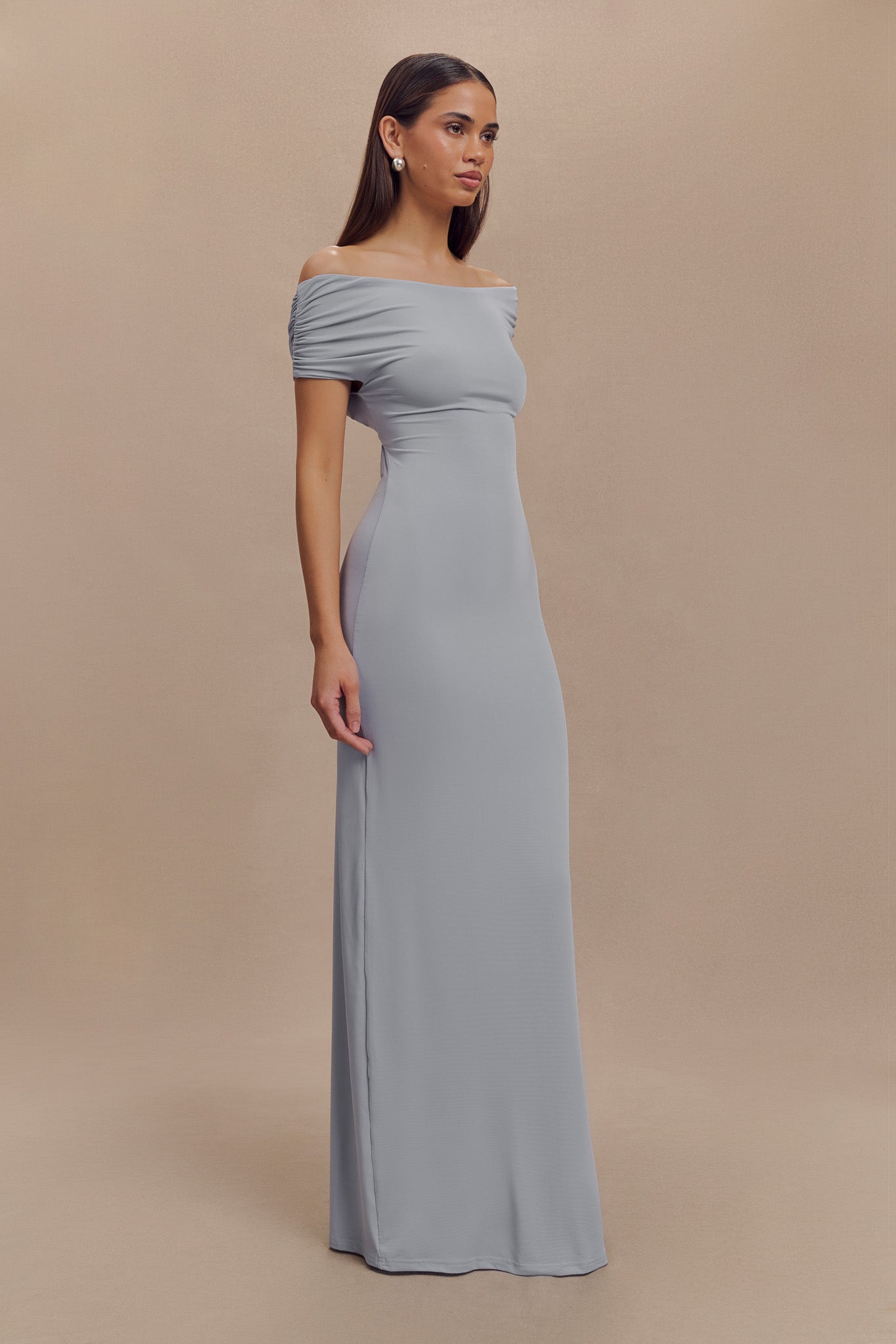 Imogen Off Shoulder Slinky Maxi Dress in Dusty Blue – Chic&Drifts