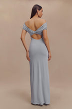 Imogen Off Shoulder Slinky Maxi Dress in Dusty Blue – Chic&Drifts