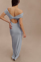 Imogen Off Shoulder Slinky Maxi Dress in Dusty Blue – Chic&Drifts