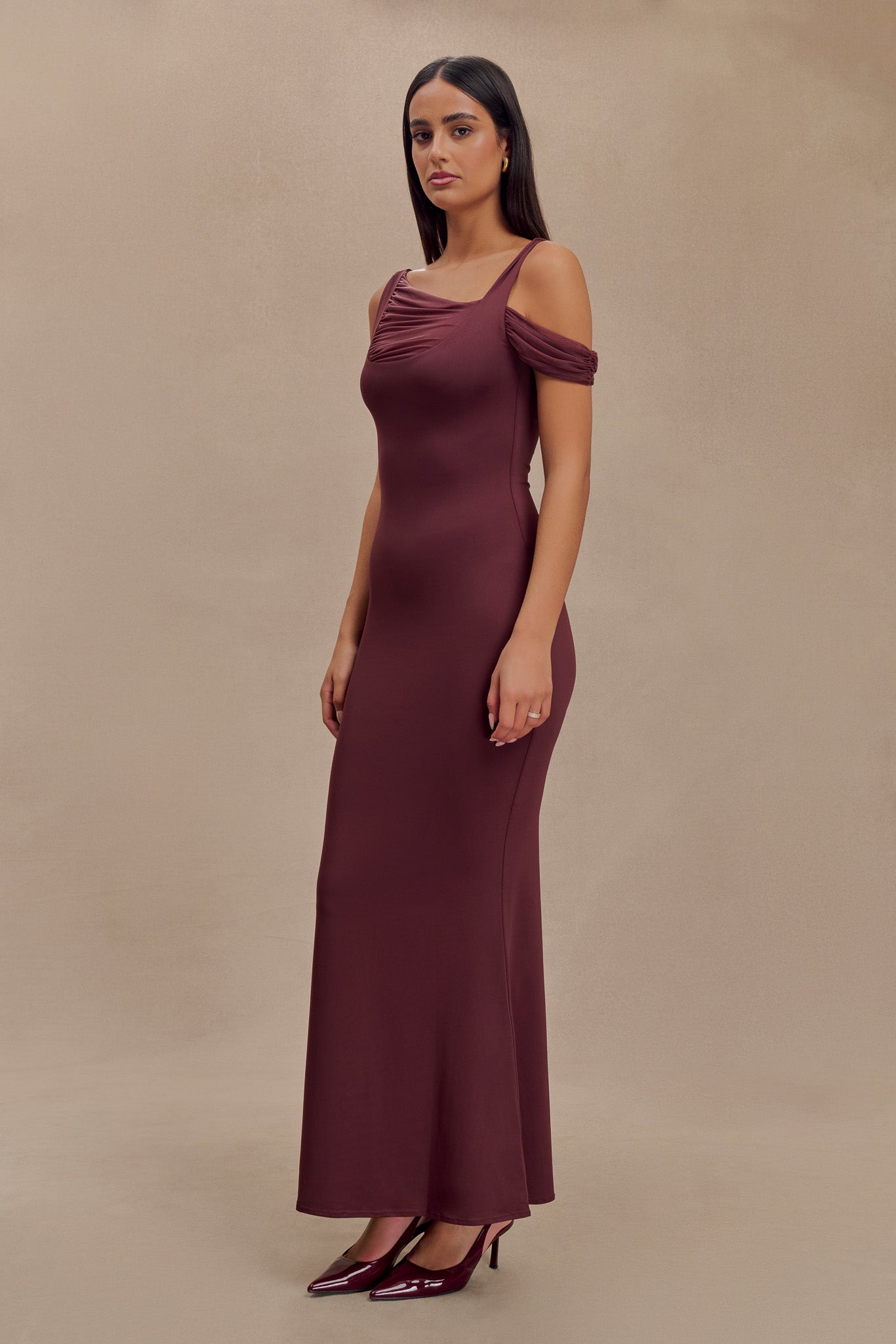 Janette Recycled Nylon And Mesh Sleeveless Maxi Dress in Mahogany – Chic&Drifts