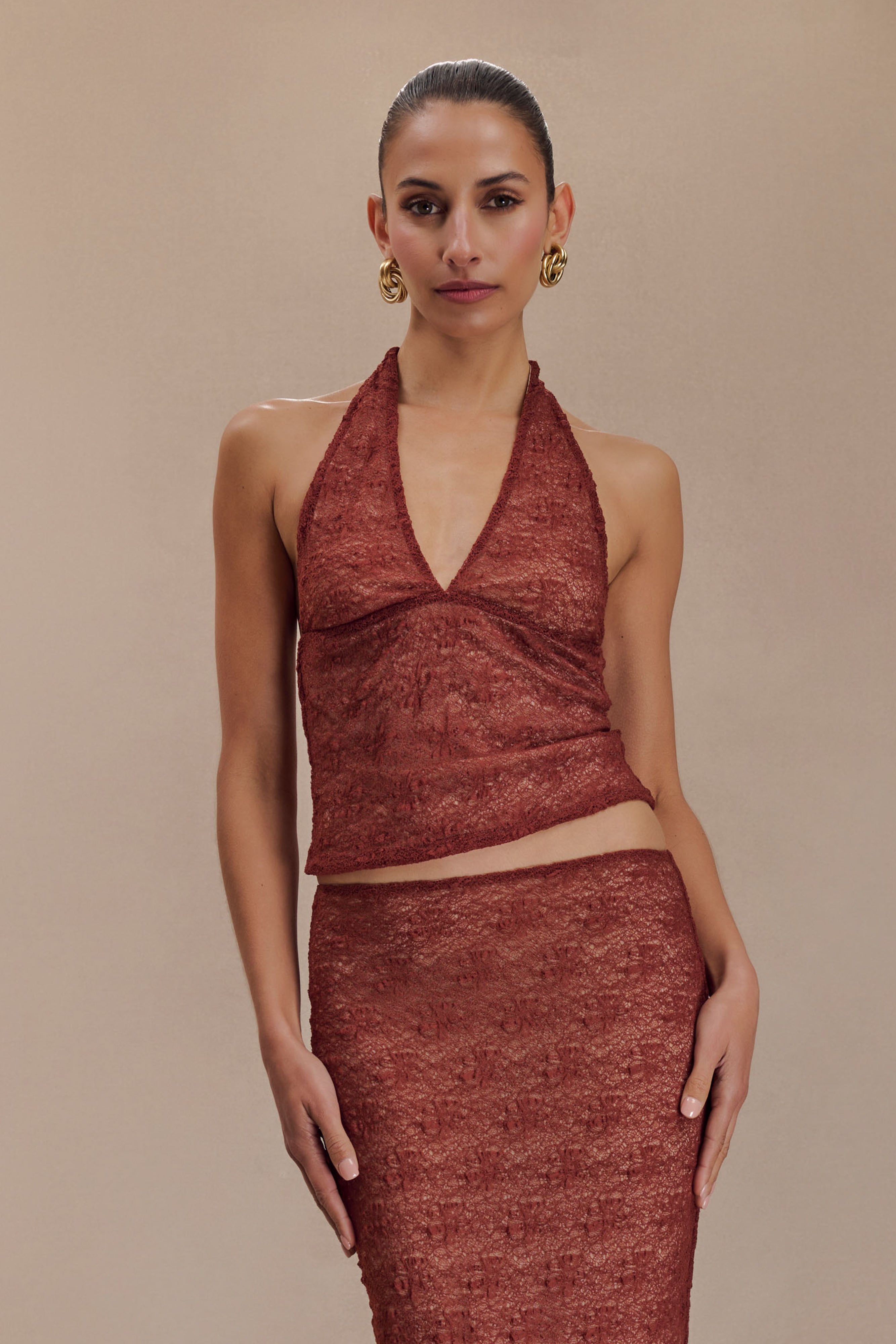 Asher Sheer Lace Halter Top in Chilli – Chic&Drifts