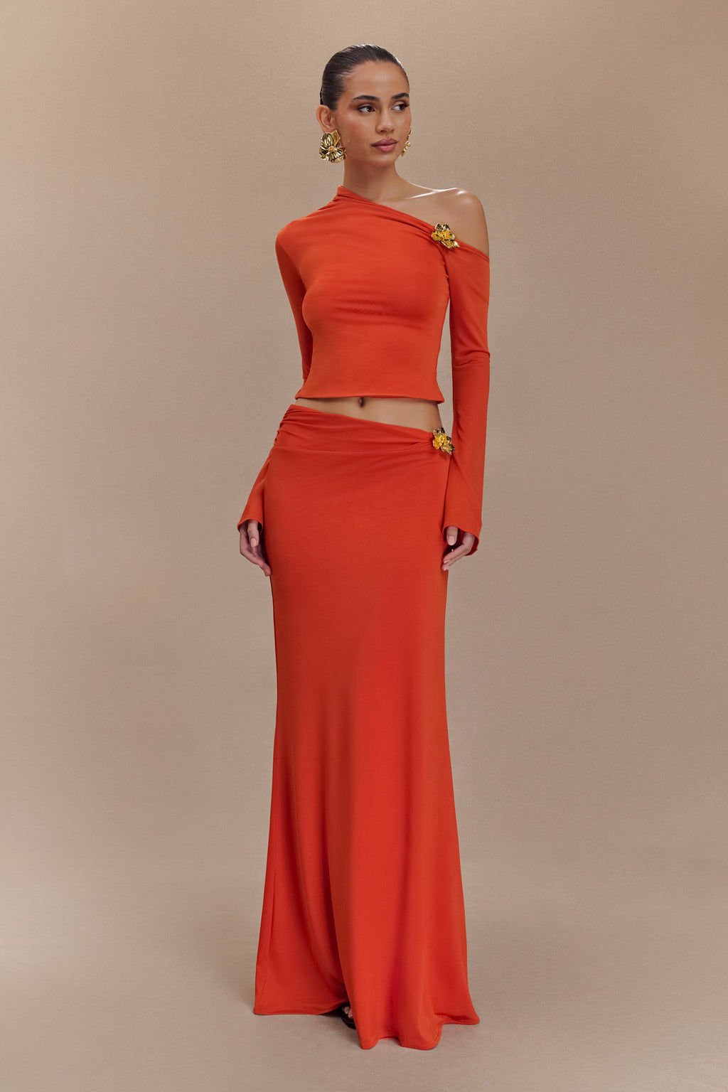 Ainsley Asymmetrical Maxi Skirt With Floral Hardware in Burnt Orange – Chic&Drifts