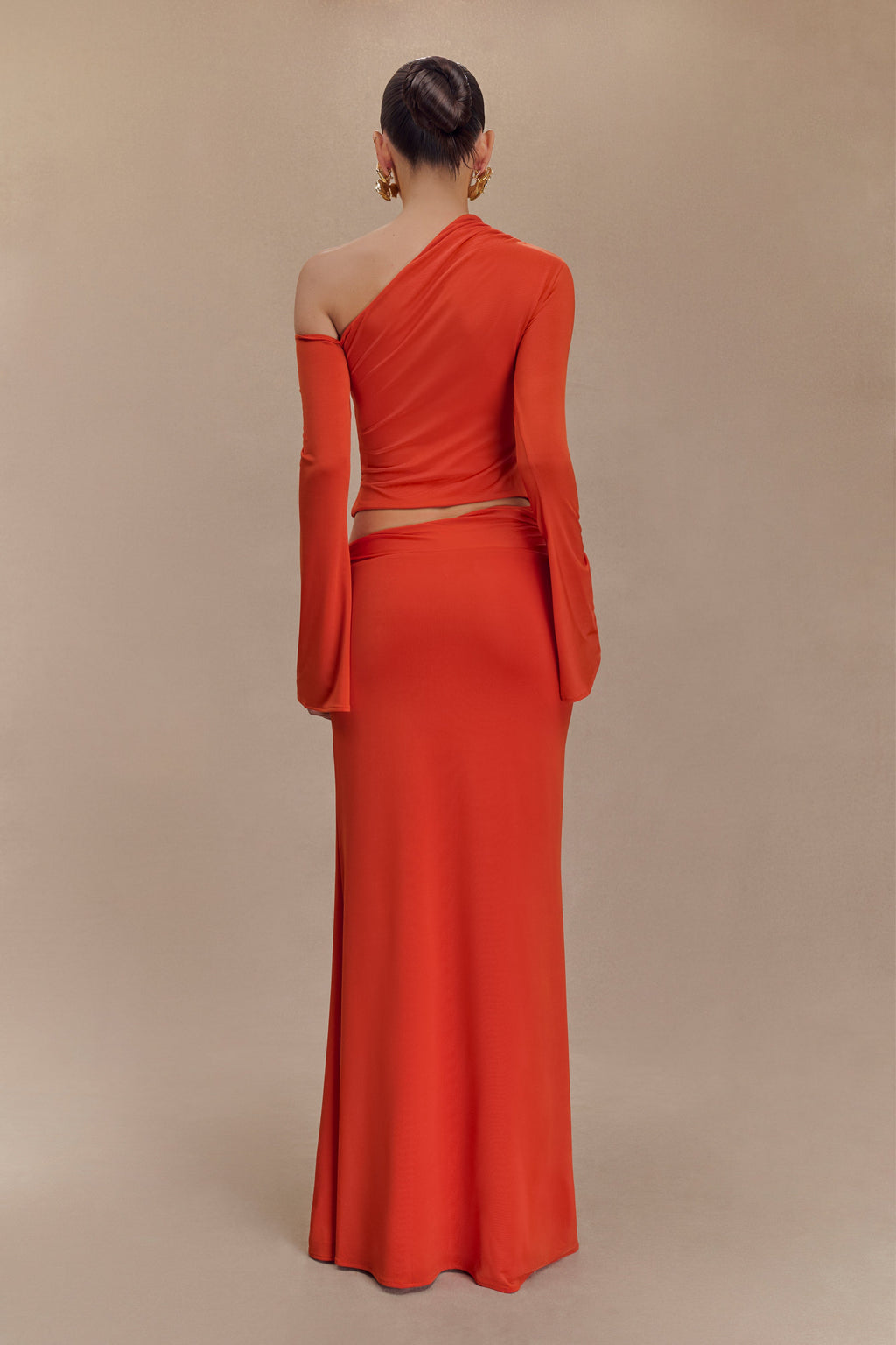 Ainsley Asymmetrical Maxi Skirt With Floral Hardware in Burnt Orange – Chic&Drifts