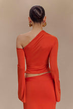 Ainsley Asymmetrical Long Sleeve Top With Floral Hardware in Burnt Orange – Chic&Drifts