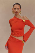 Ainsley Asymmetrical Long Sleeve Top With Floral Hardware in Burnt Orange – Chic&Drifts