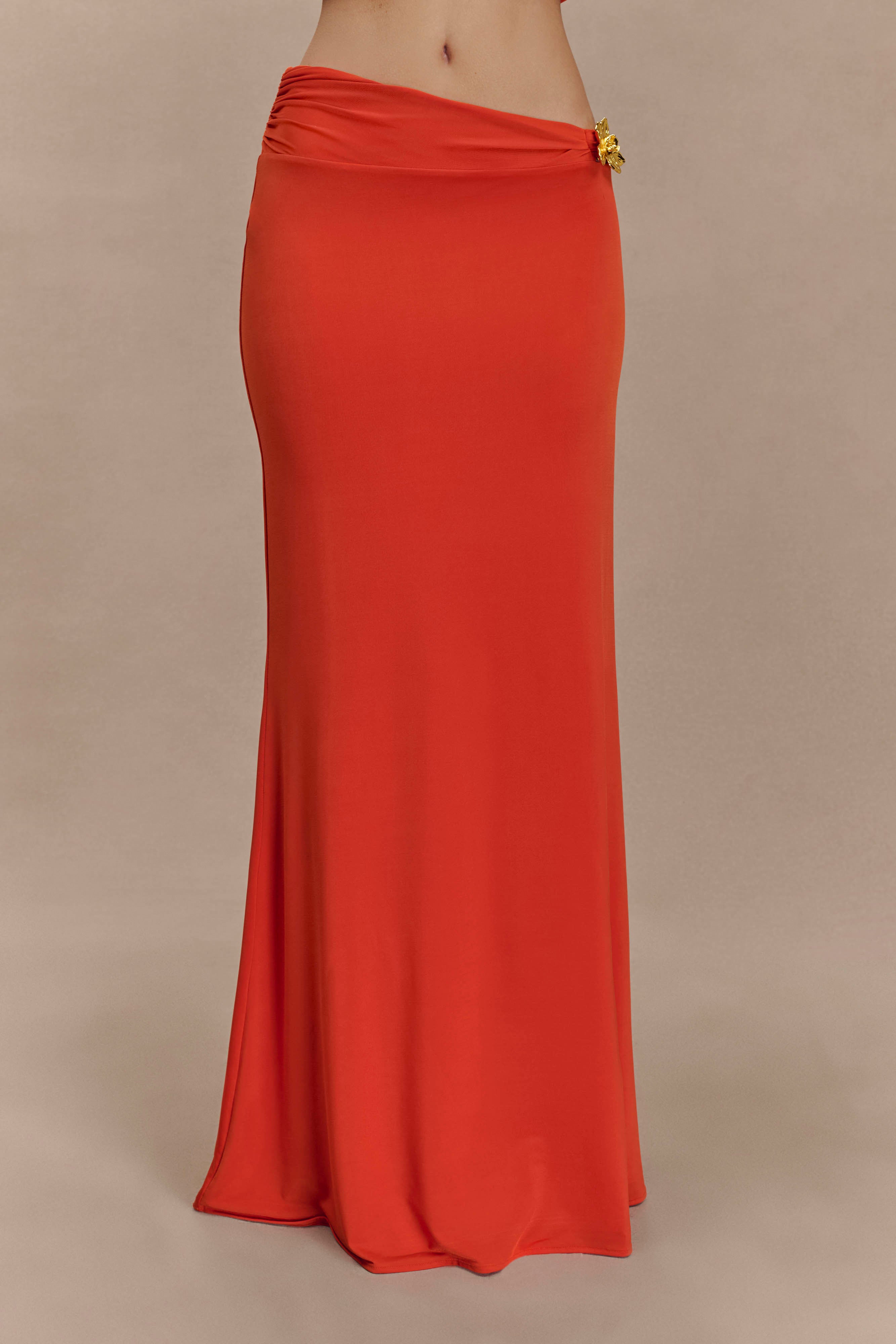 Ainsley Asymmetrical Maxi Skirt With Floral Hardware in Burnt Orange – Chic&Drifts
