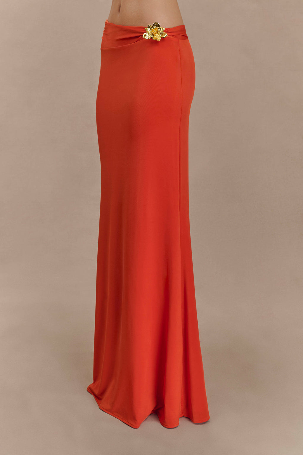 Ainsley Asymmetrical Maxi Skirt With Floral Hardware in Burnt Orange – Chic&Drifts
