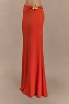 Ainsley Asymmetrical Maxi Skirt With Floral Hardware in Burnt Orange – Chic&Drifts