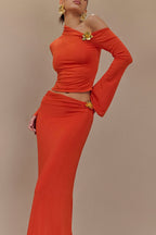 Ainsley Asymmetrical Maxi Skirt With Floral Hardware in Burnt Orange – Chic&Drifts