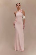 Paloma One Shoulder Knit Maxi Dress With Flowers in Baby Pink – Chic&Drifts
