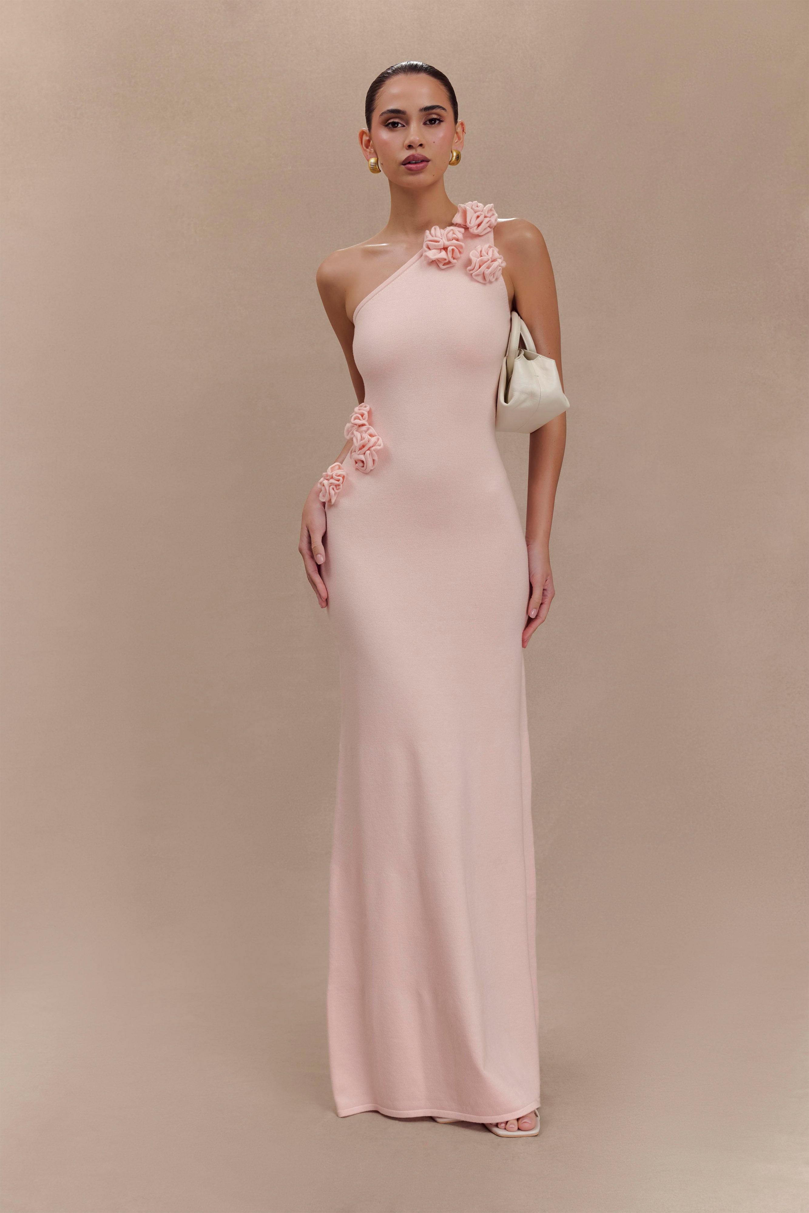 Paloma One Shoulder Knit Maxi Dress With Flowers in Baby Pink – Chic&Drifts