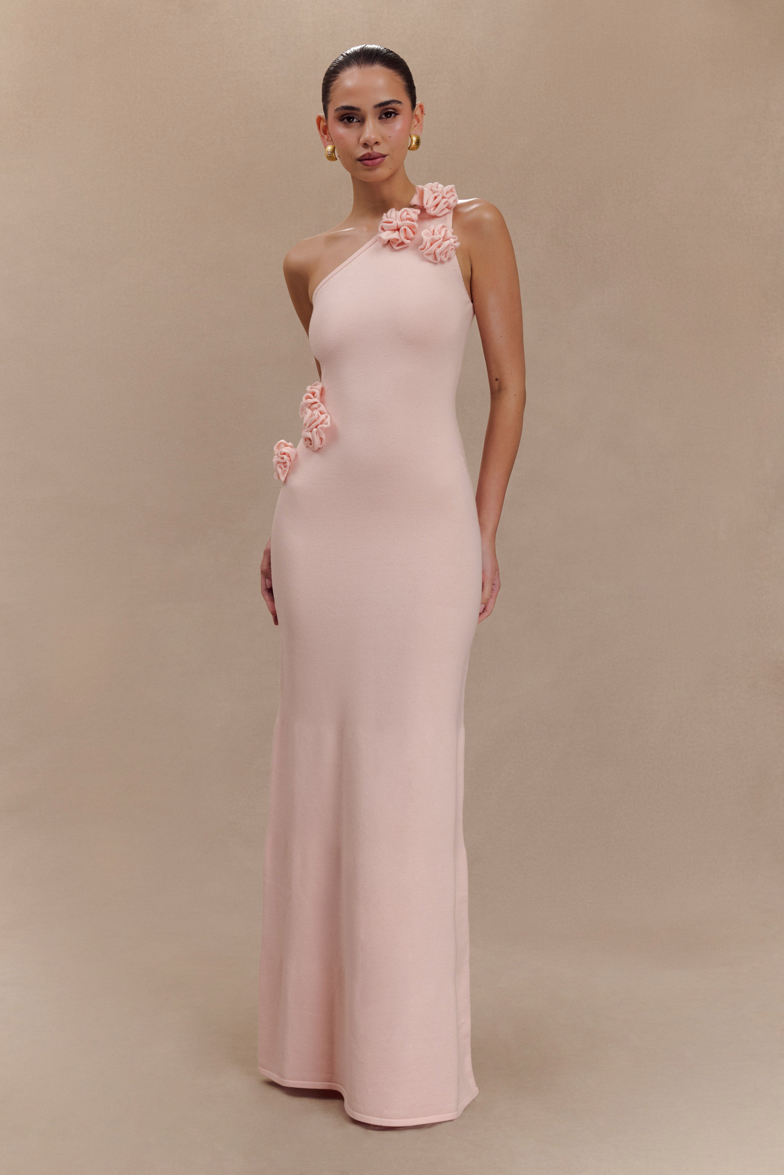 Paloma One Shoulder Knit Maxi Dress With Flowers in Baby Pink – Chic&Drifts