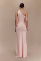 Paloma One Shoulder Knit Maxi Dress With Flowers in Baby Pink – Chic&Drifts