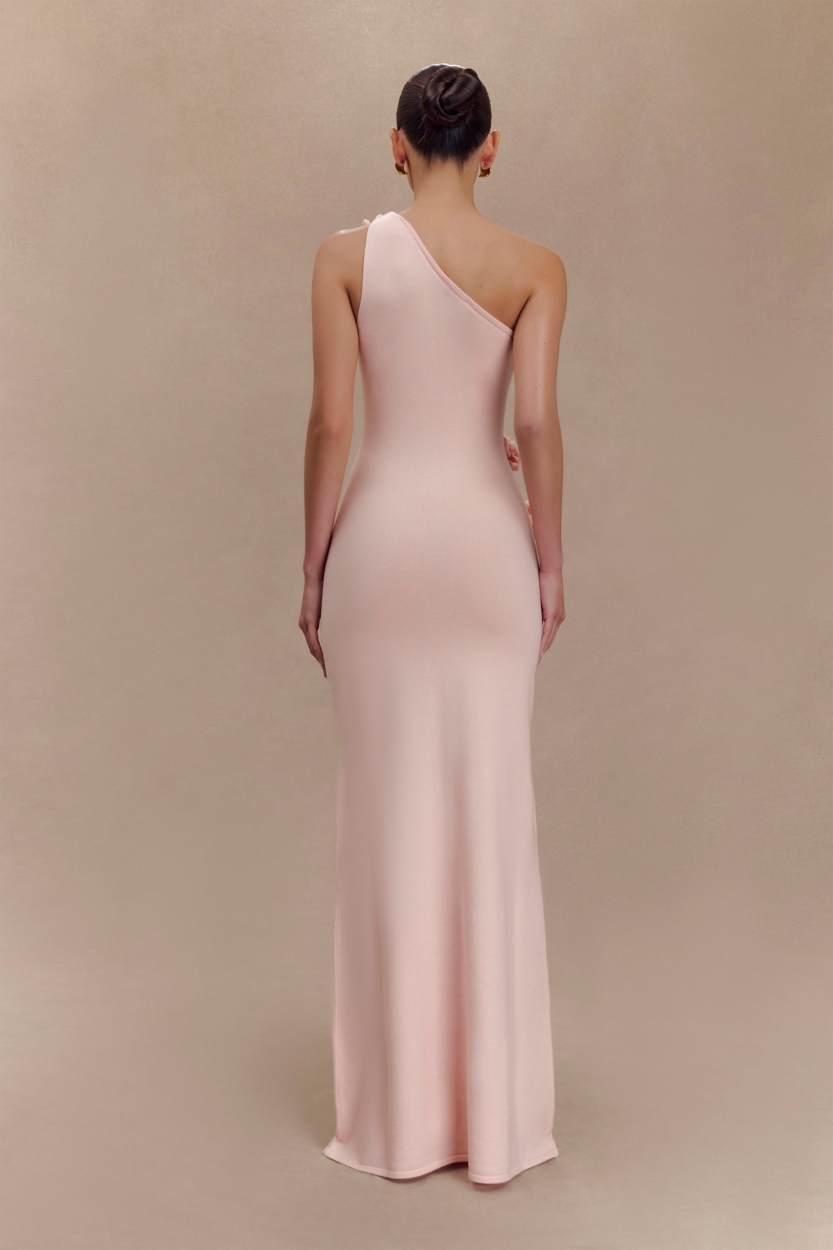 Paloma One Shoulder Knit Maxi Dress With Flowers in Baby Pink – Chic&Drifts