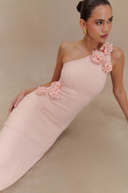 Paloma One Shoulder Knit Maxi Dress With Flowers in Baby Pink – Chic&Drifts