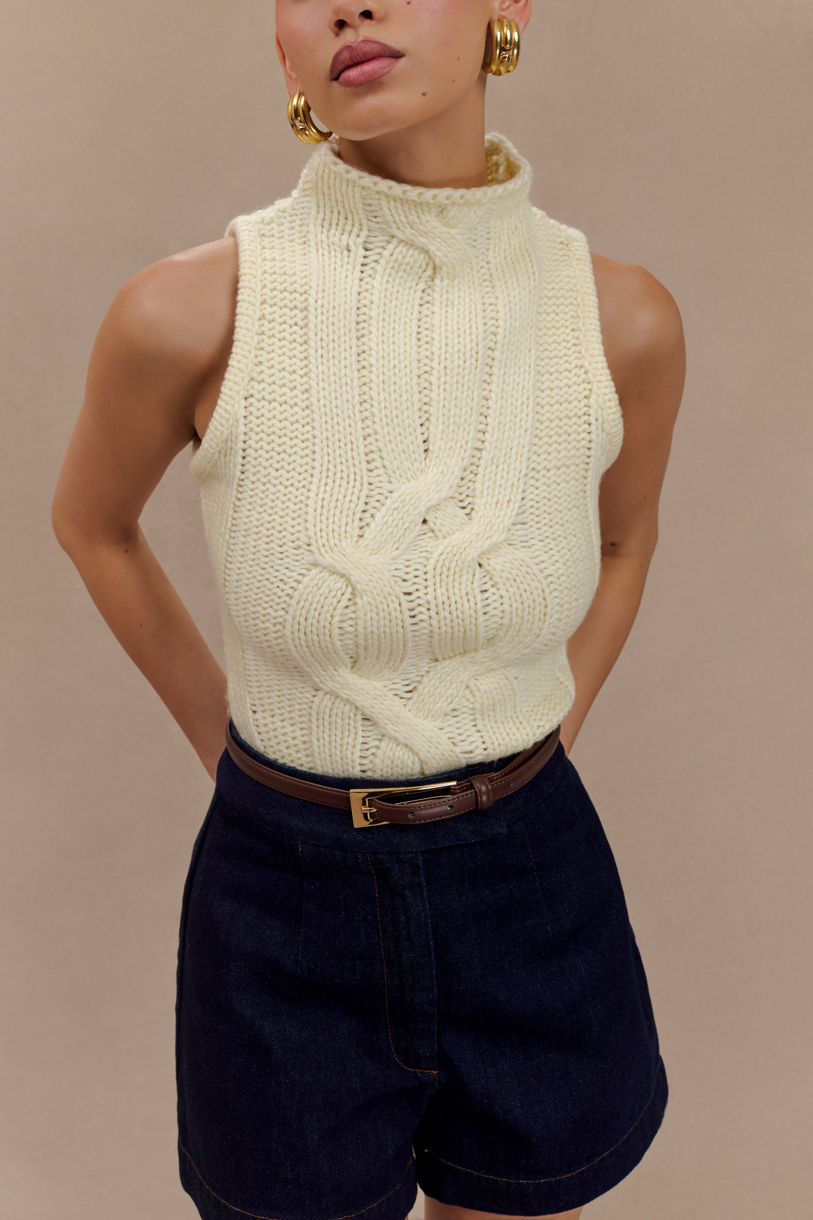 Roberta High Neck Cable Knit Top in Ivory – Chic&Drifts