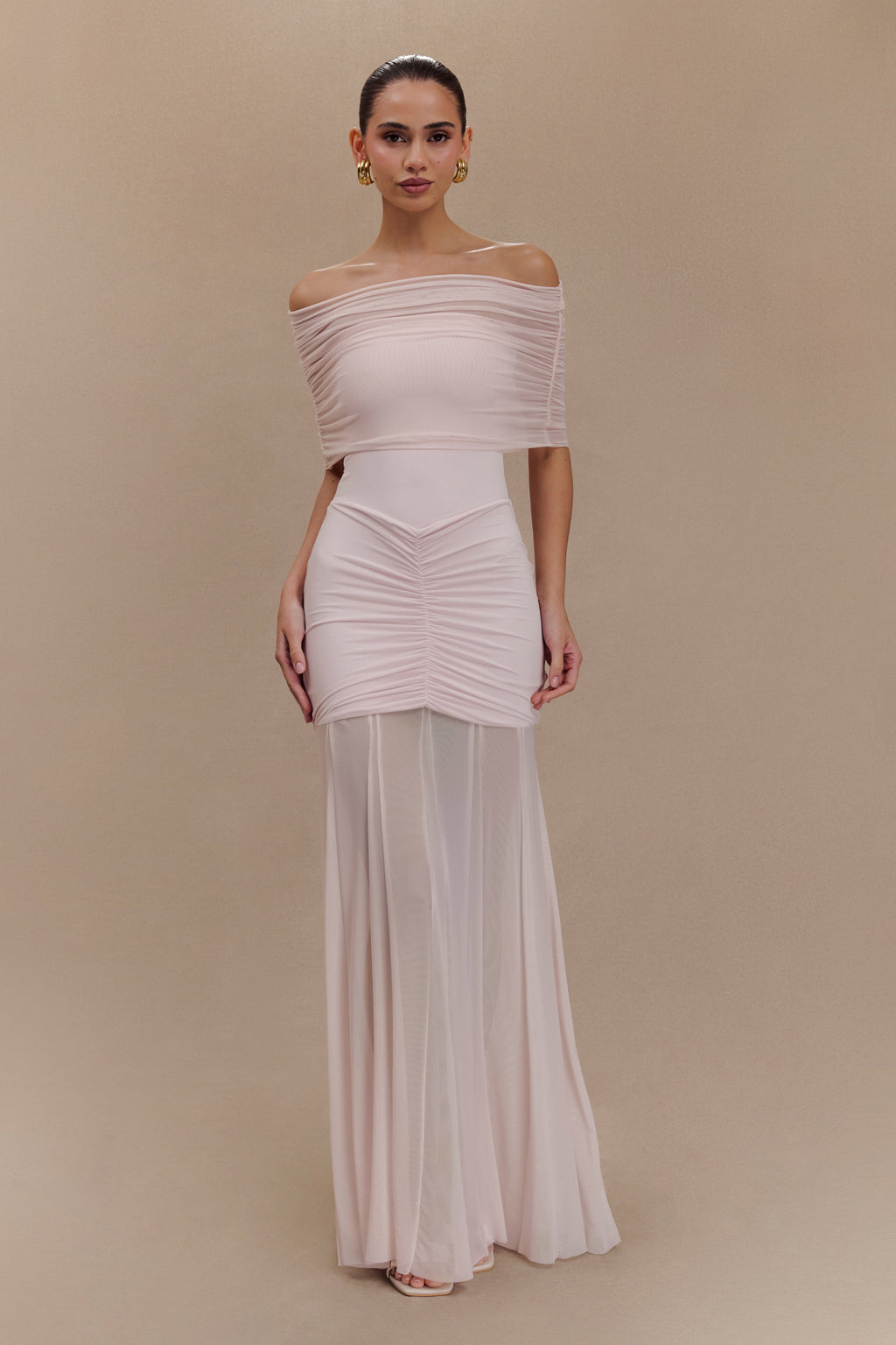 Caspian Slinky And Mesh Off Shoulder Maxi Dress in Pale Pink – Chic&Drifts