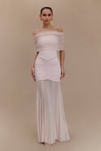 Caspian Slinky And Mesh Off Shoulder Maxi Dress in Pale Pink – Chic&Drifts
