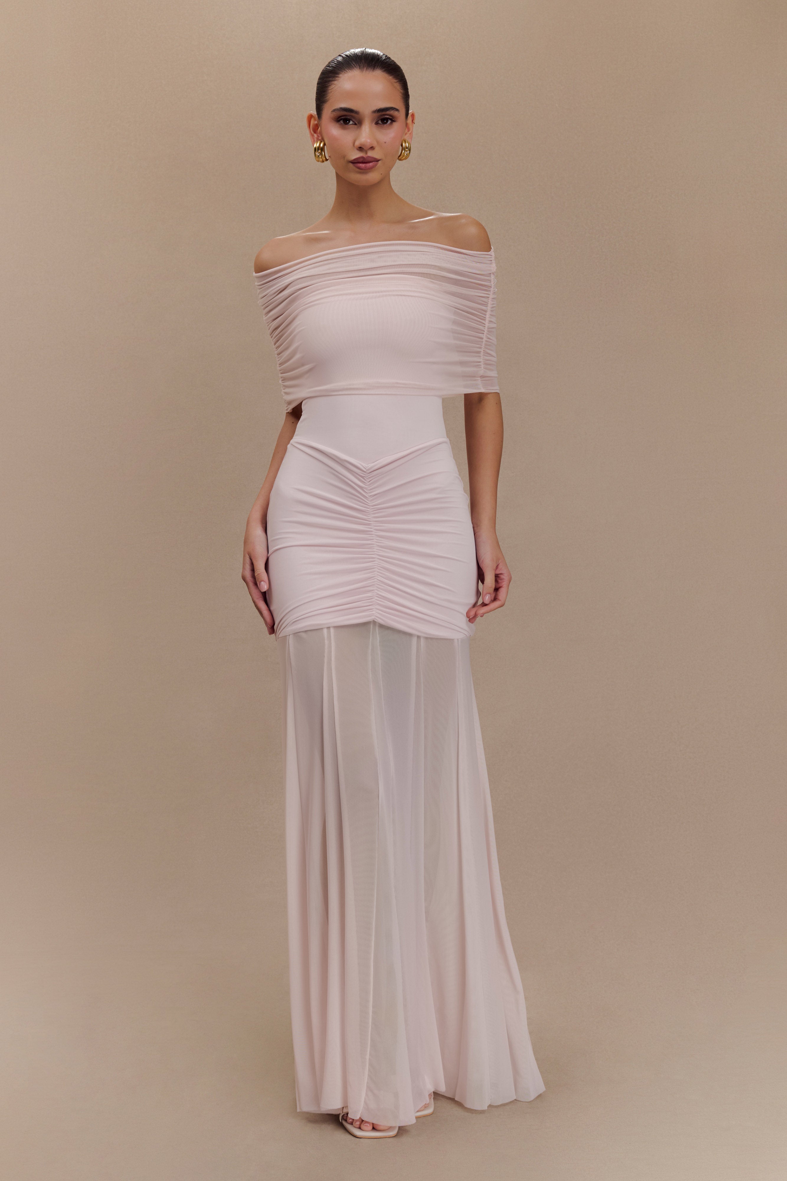 Caspian Slinky And Mesh Off Shoulder Maxi Dress in Pale Pink – Chic&Drifts