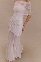 Caspian Slinky And Mesh Off Shoulder Maxi Dress in Pale Pink – Chic&Drifts